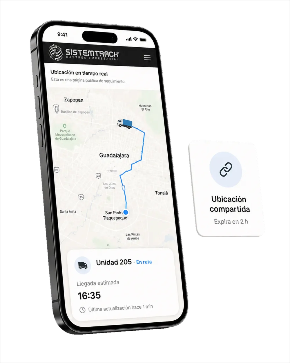 Enlace público de seguimiento de Sistemtrack abierto en un celular, con la unidad y su hora estimada de llegada
