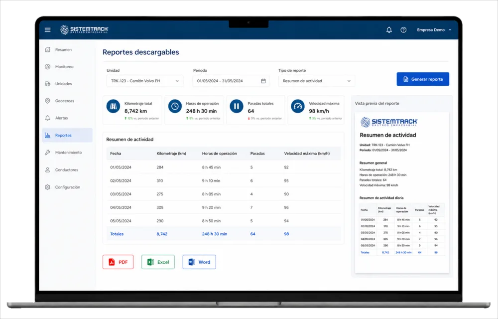 Módulo de reportes de Sistemtrack con opciones de descarga en Word y PDF