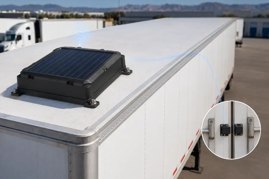 Rastreador GPS con panel solar montado sobre el techo de un remolque, con sensores en las puertas de carga